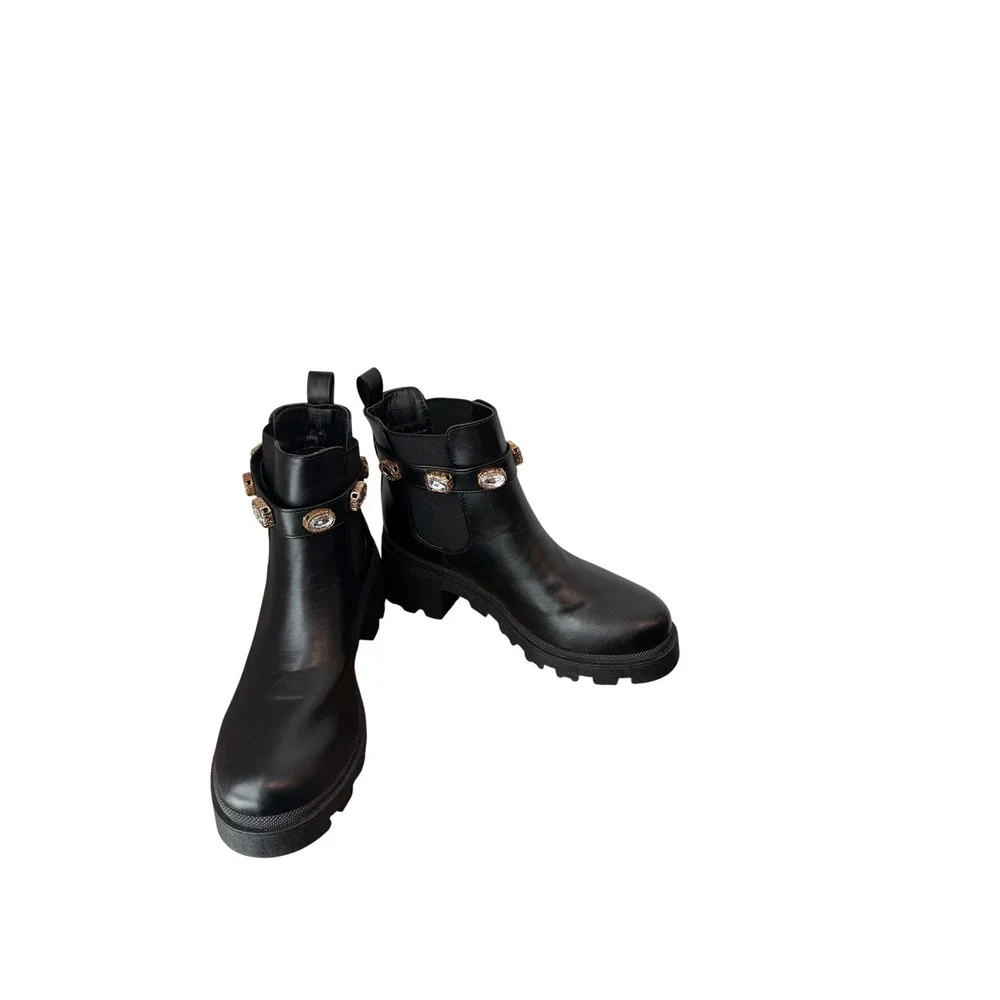 Sugar Favorite Black Jeweled Strap Lug Sole Chelsea Boots Women's Size 9M - NWOB